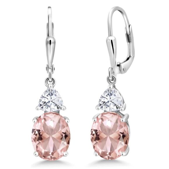 925 Sterling Silver with 5.58 Cttw Peach Morganite and Moissanite Drop Earrings